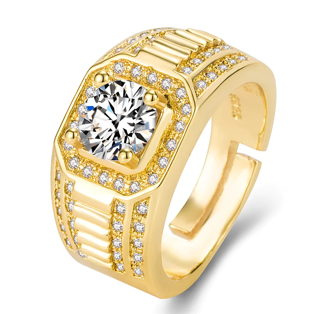 Men's large square diamond-style ring in copper with adjustable band, shown in gold and platinum finishes.