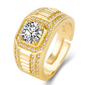 Men's large square diamond-style ring in copper with adjustable band, shown in gold and platinum finishes.