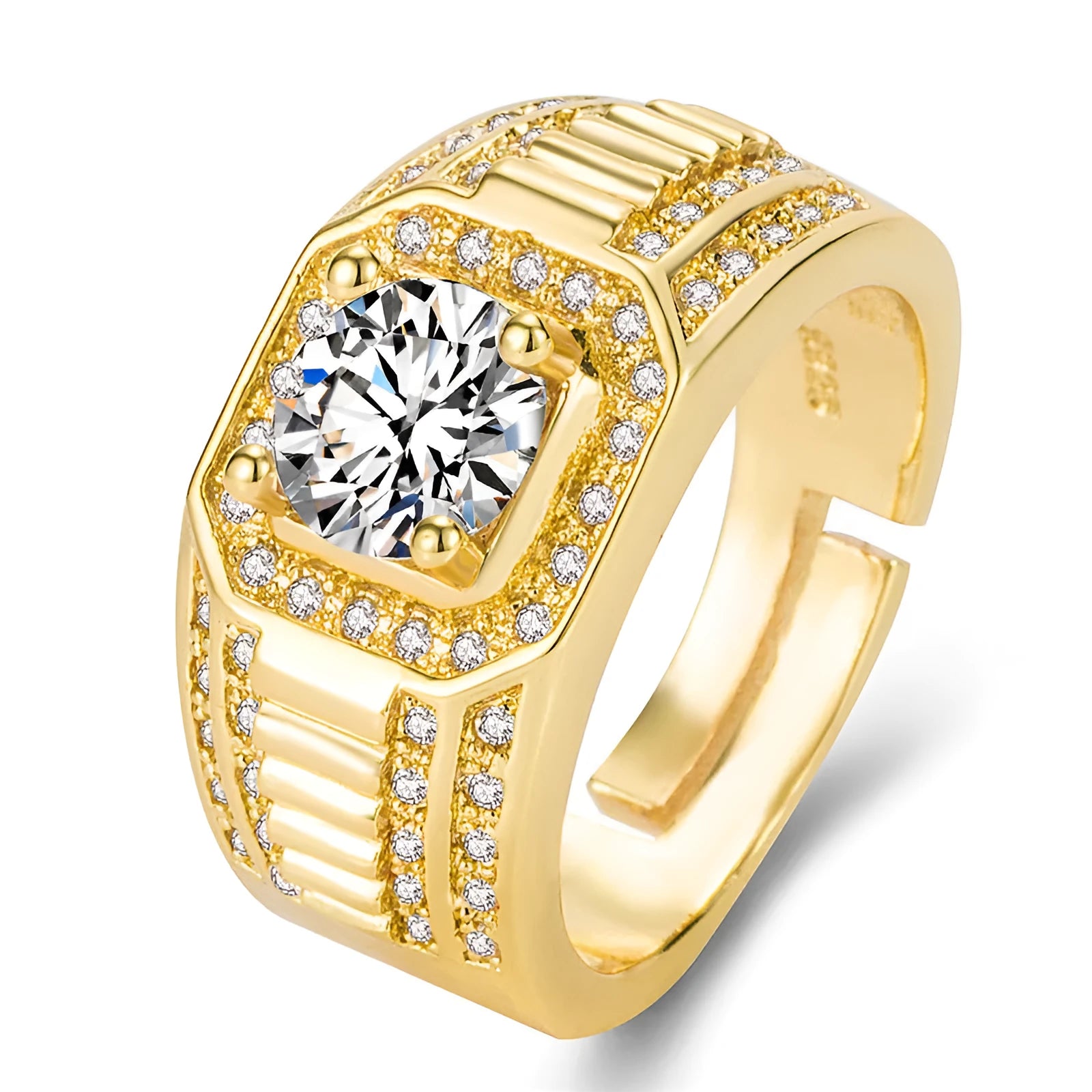 Men's large square diamond-style ring in copper with adjustable band, shown in gold and platinum finishes.