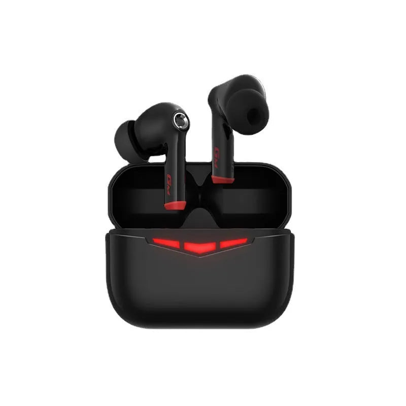 True wireless black in-ear Bluetooth gaming earbuds with charging case and silicone earmuffs.