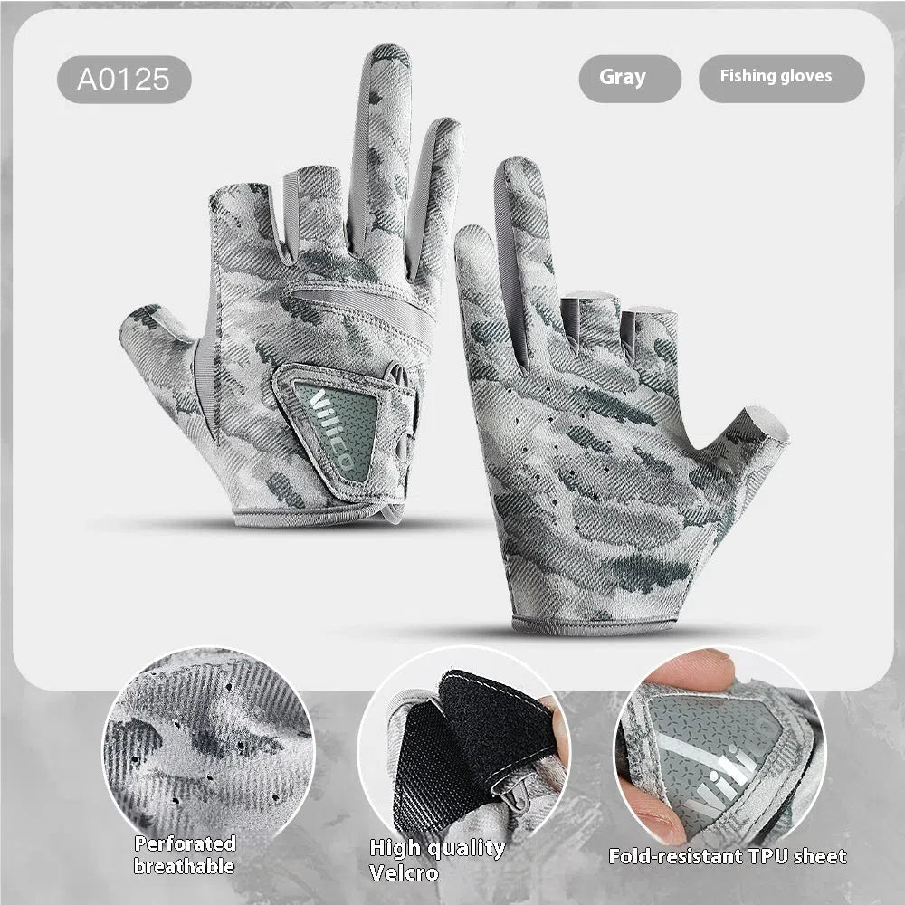 Exposed three-finger polyester fishing gloves in black or grey, sizes M and L, with non-slip function