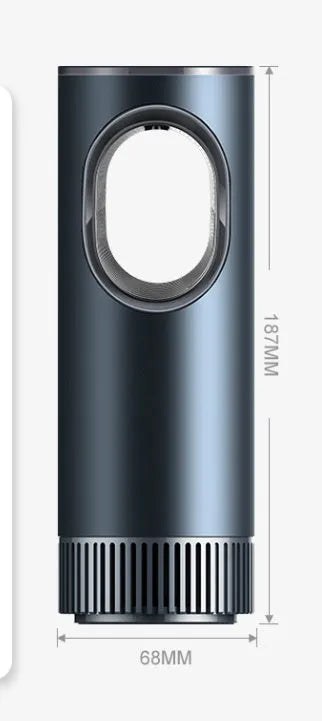 Black rectangular car air purifier with a USB cable, dimensions 68 by 187mm.