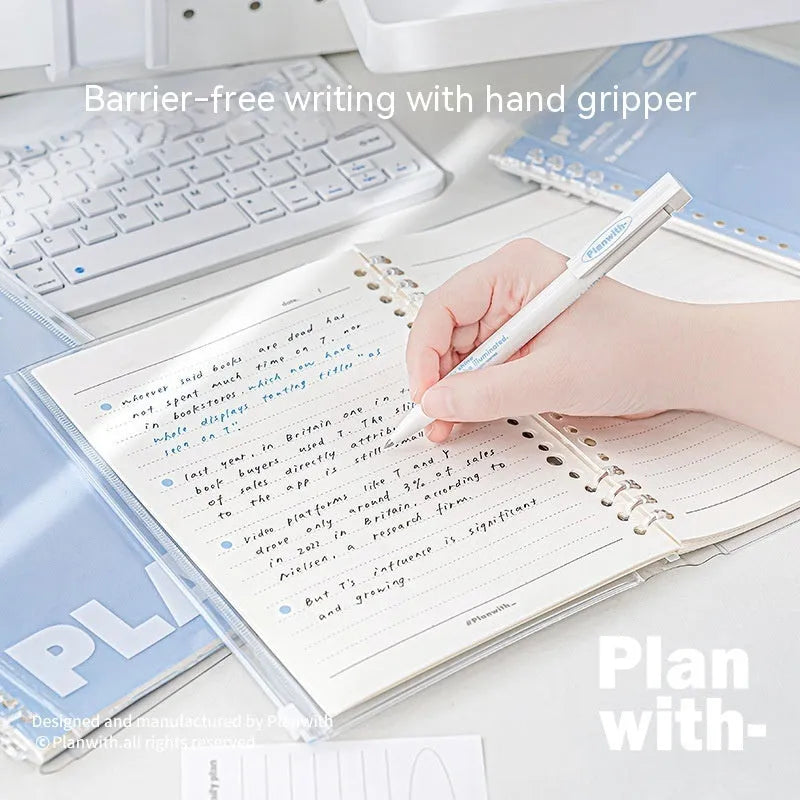 Blue and white A5 PVC notebook storage can for loose spiral papers, showing dimensions 148mm x 210mm.