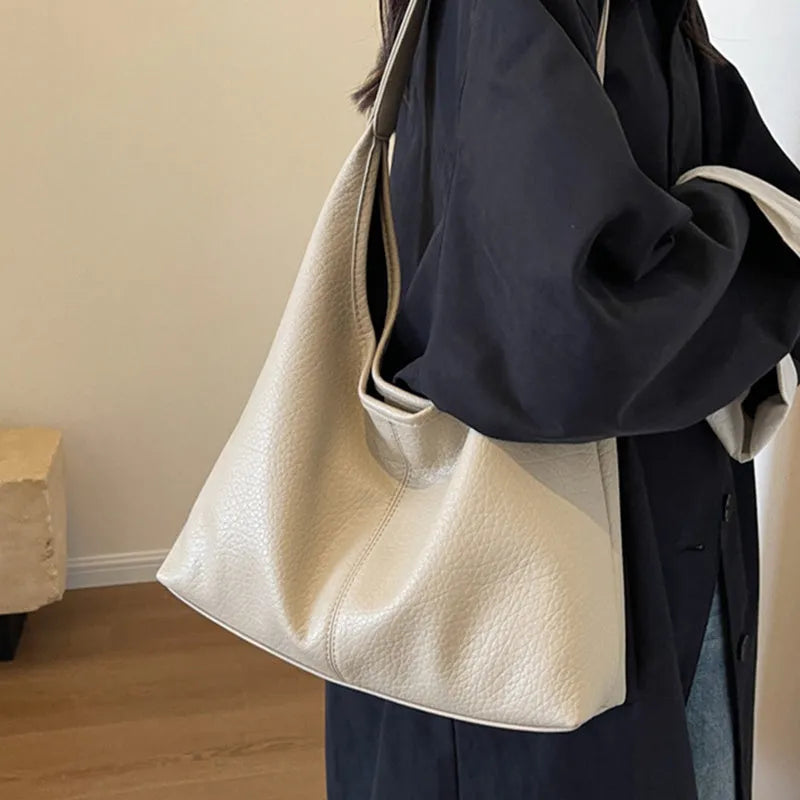 Two women's underarm shoulder bags in beige and brown, with small wallet, soft PU leather, horizontal square shape