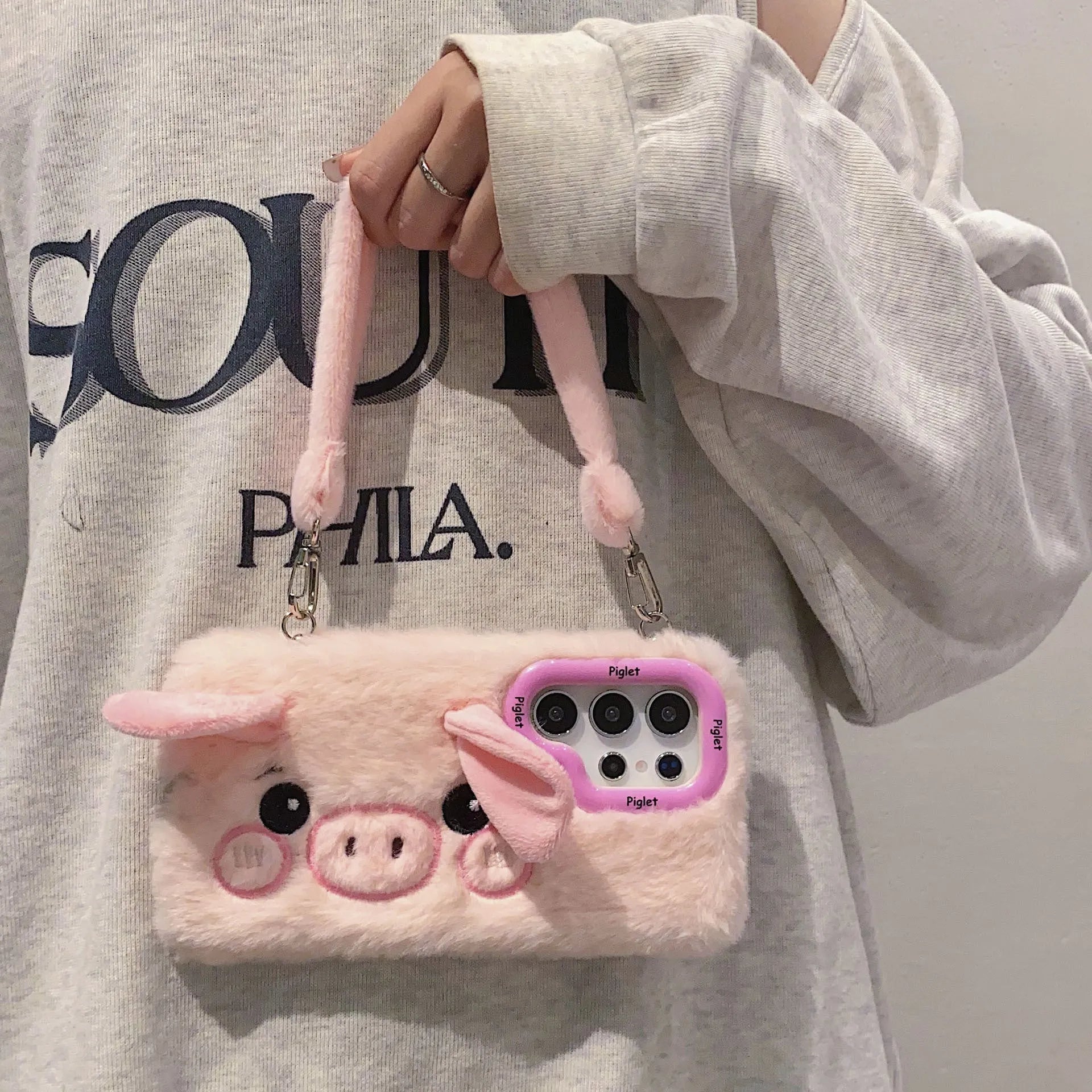 Pink plush furry piggy phone case with bracket for Samsung S25, soft fleece cloth Japanese Korean style