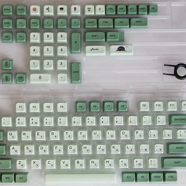 Set of 124 matcha green PBT keycaps with white legends for a mechanical keyboard