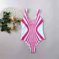 Pink striped digital print one-piece swimsuit for women shown from front and back.