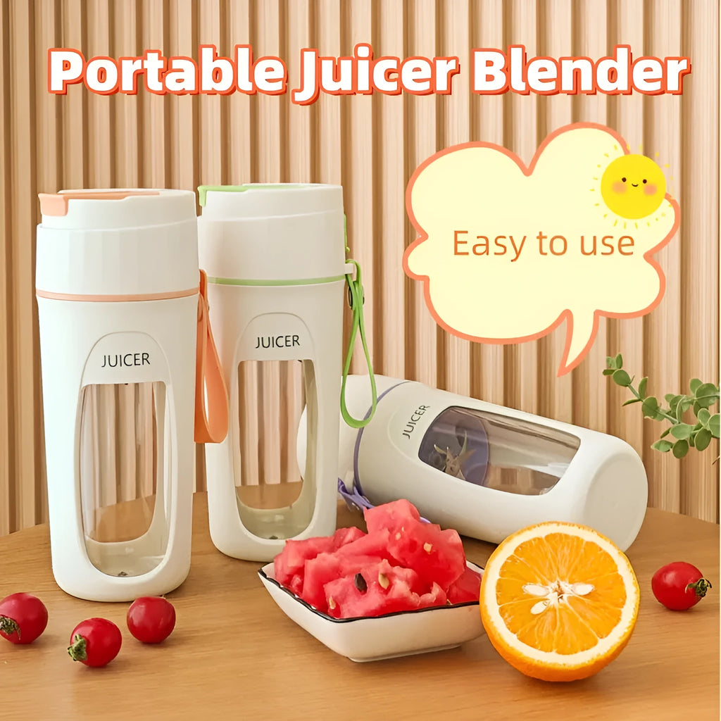 Portable USB rechargeable blender with borosilicate glass cup in fresh orange, grass green, and light purple colours.