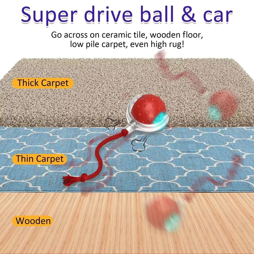 Red interactive cat toy ball with automatic rolling motor for indoor feline entertainment