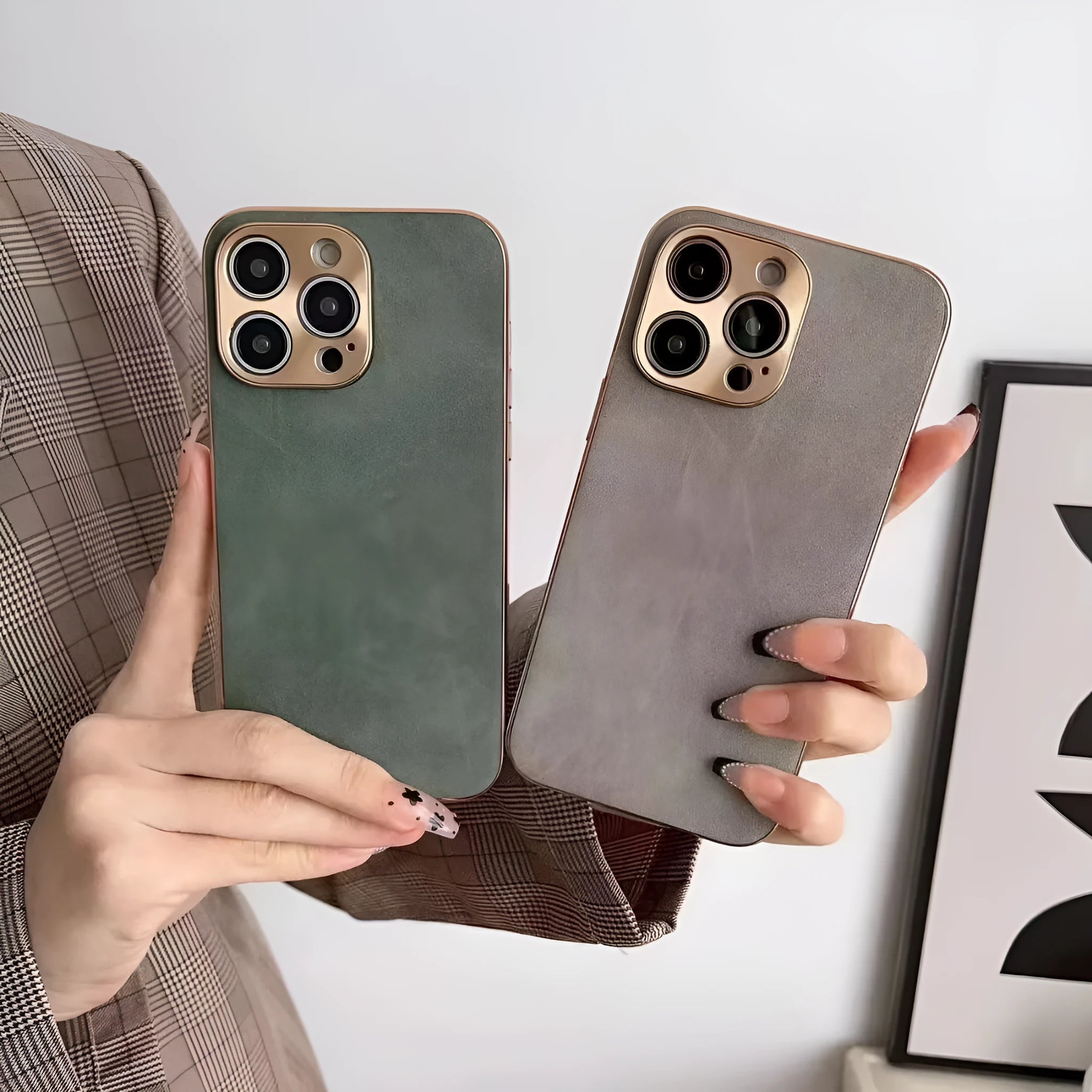 Leather texture TPU phone case for iPhone in grey-green colour.