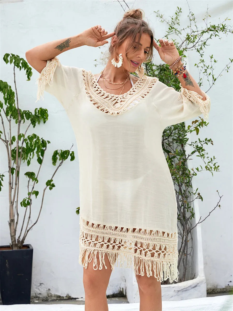Apricot coloured hand-crocheted beach dress with polyester lining for women's swimming and beach wear