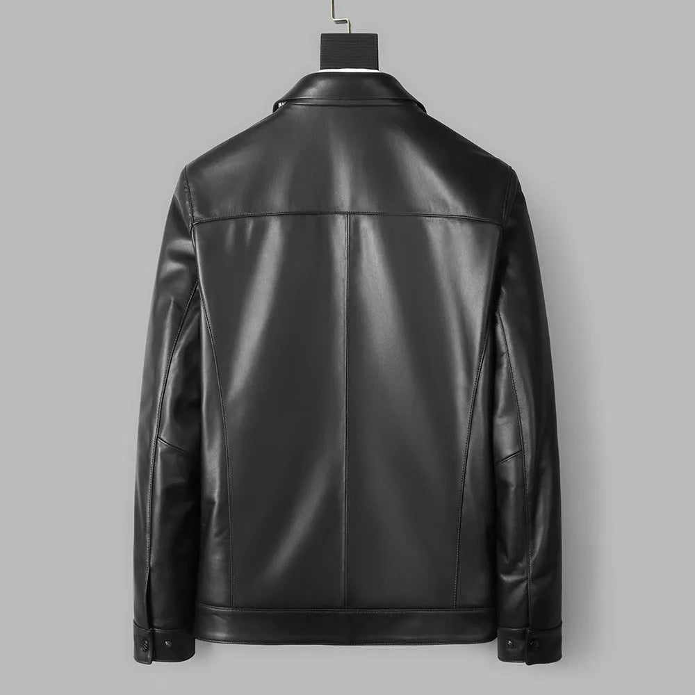 Genuine leather short lapels sheepskin jacket coat black men Korean-style front view
