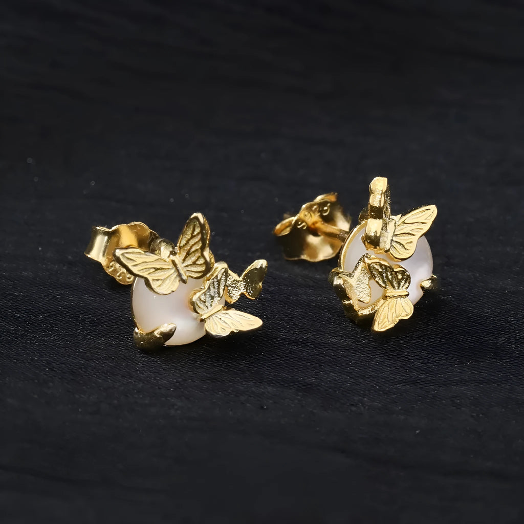 Butterfly design ear studs in 925 silver with electroplated gold or white gold finish