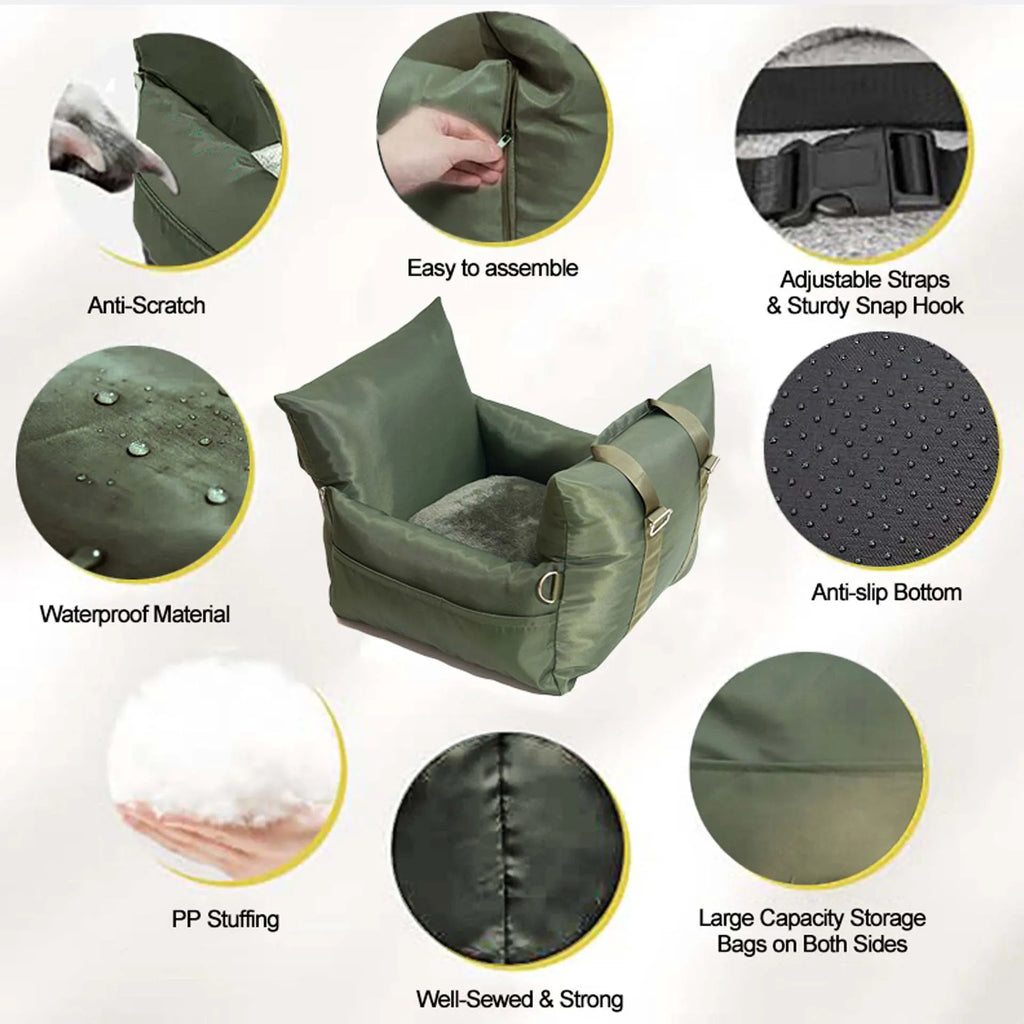 Waterproof Oxford cloth car kennel for dogs in olive green, non-slip removable pet seat bag