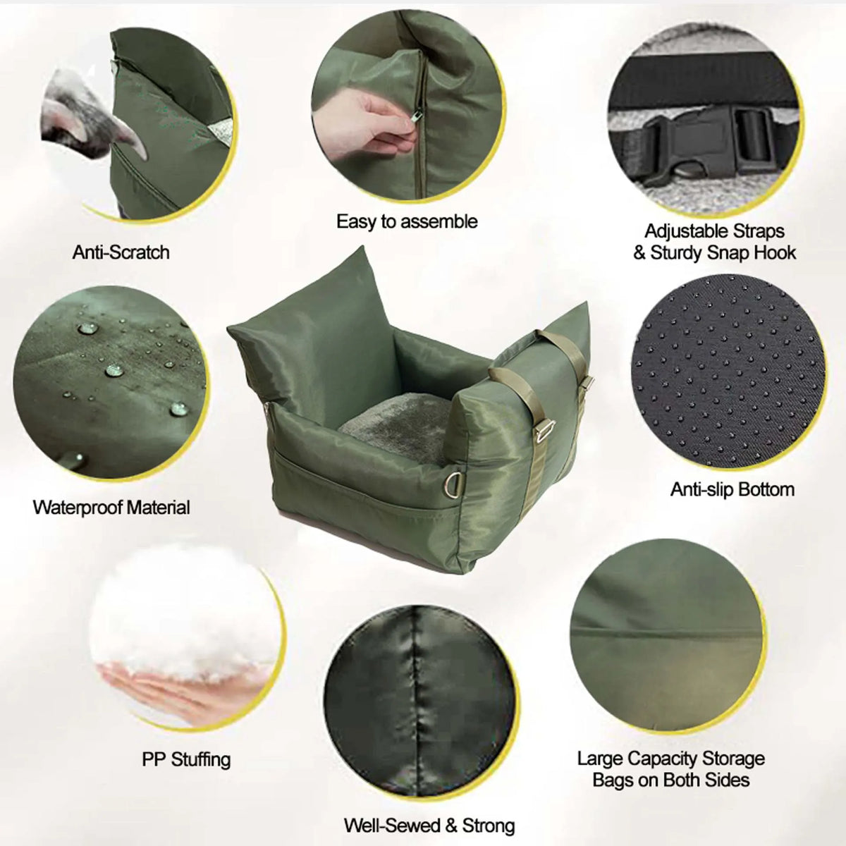 Waterproof Oxford cloth car kennel for dogs in olive green, non-slip removable pet seat bag