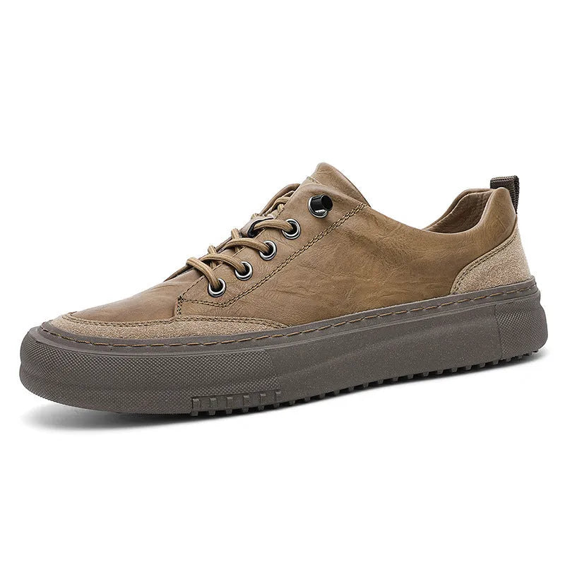 Men's round toe board shoes in black with lace-up front and rubber sole