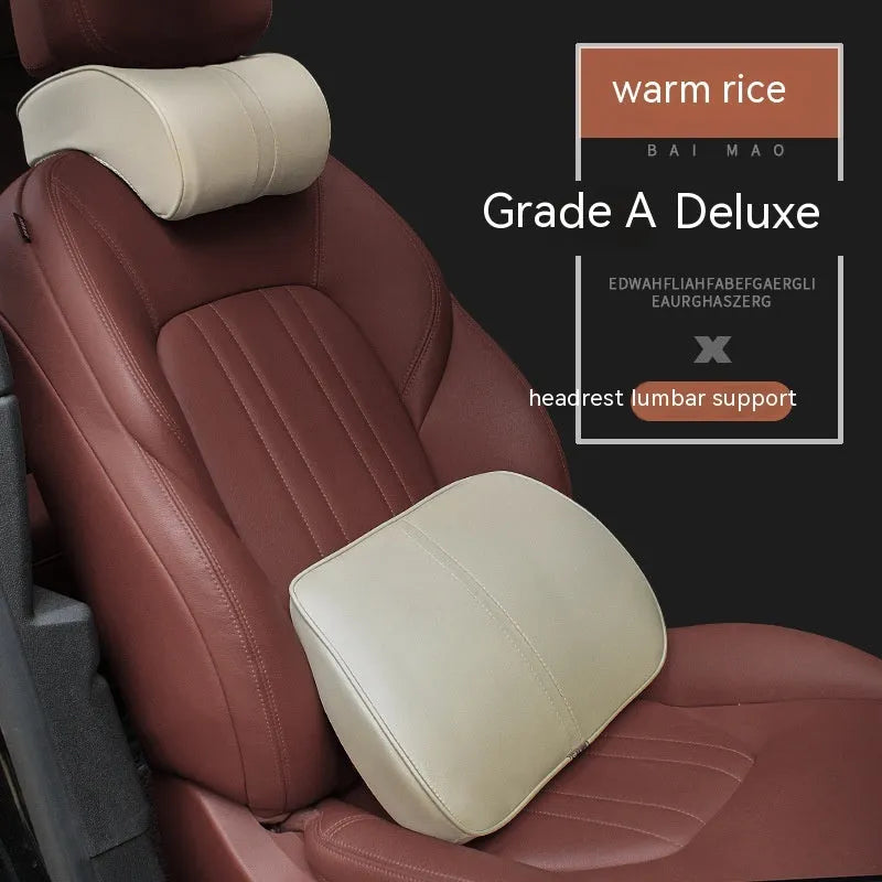 Memory foam car cushion headrest lumbar support pillow in leather exterior with cotton filler
