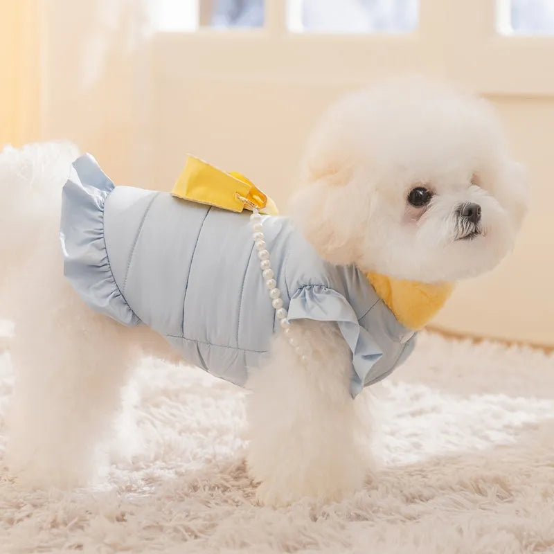 Small dog wearing a pink gingham princess skirt with built-in D-ring for leash attachment