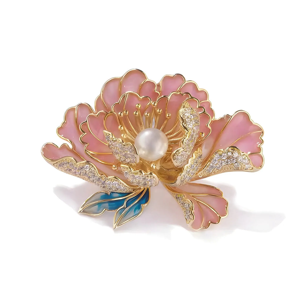Women's Chinese-style peony brooch in alloy with dripping oil finish, blue court peony colour