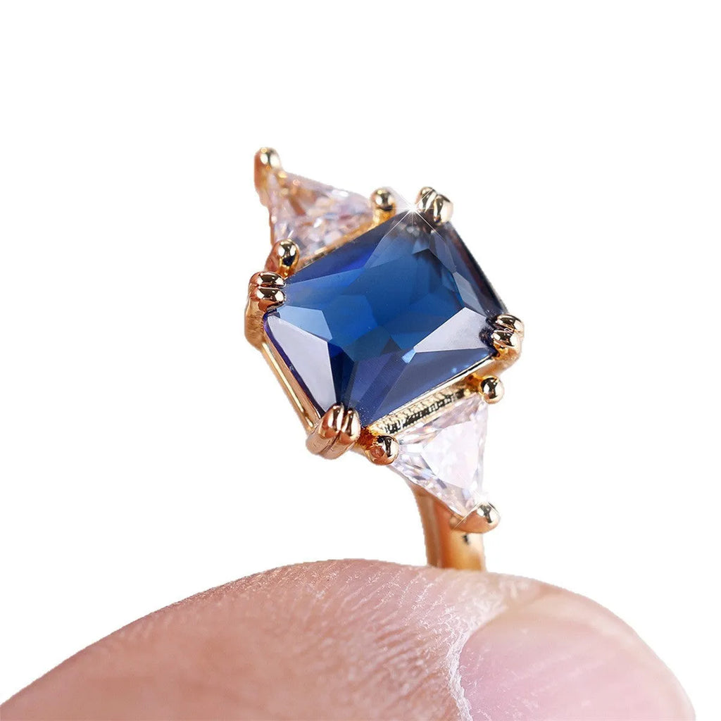 Rectangular gold sapphire blue copper ring for women with geometric design