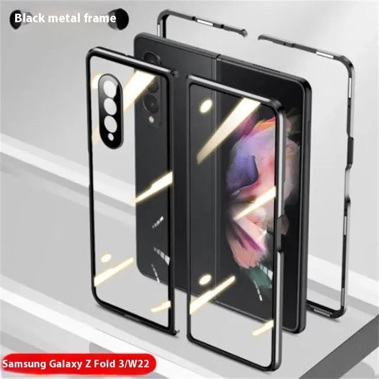 Black magnetic suction glass phone case for Samsung Z Fold 2 3 4 with metal frame and hot-pressed finish