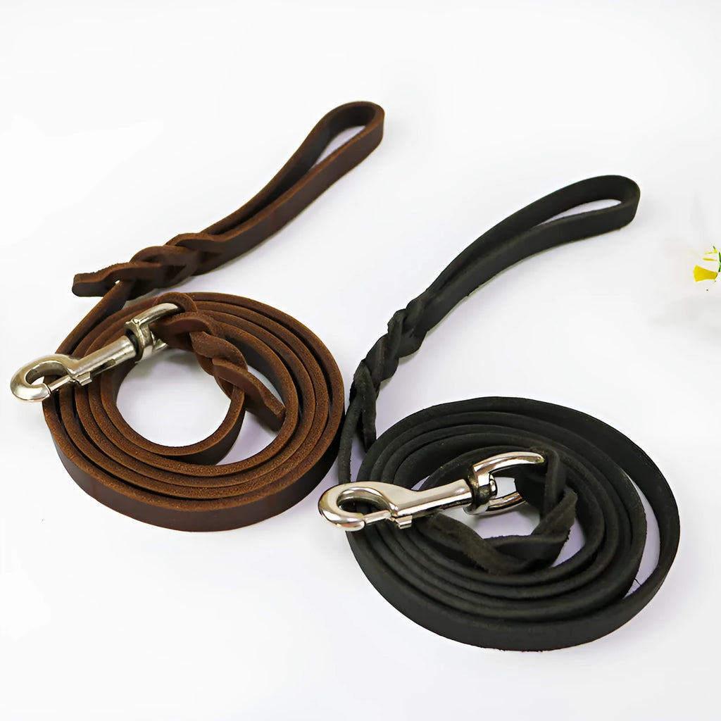 Thickened cowhide leather dog walking rope in light brown or black, shown in various lengths.
