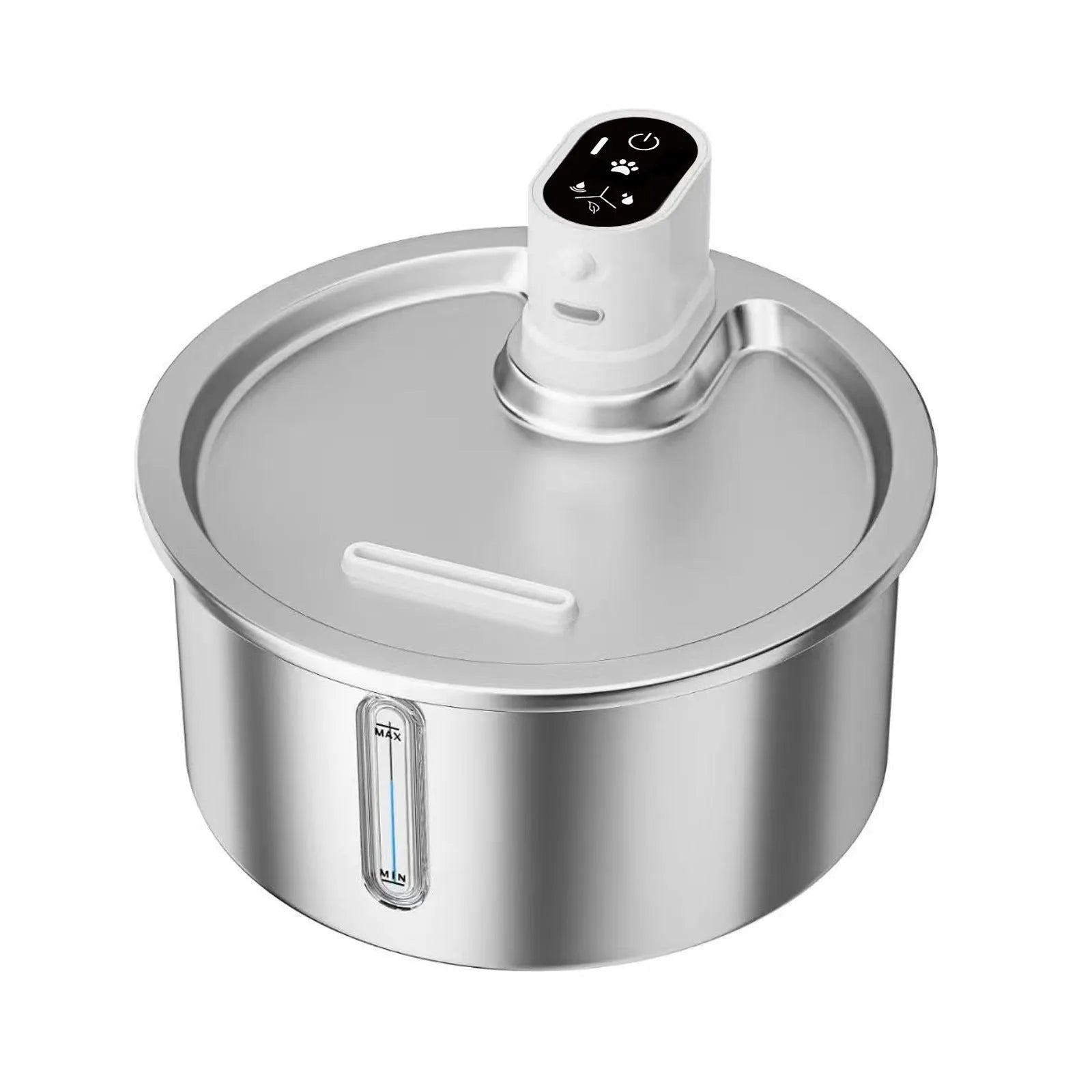 Stainless steel pet water fountain with digital temperature base in black or white.
