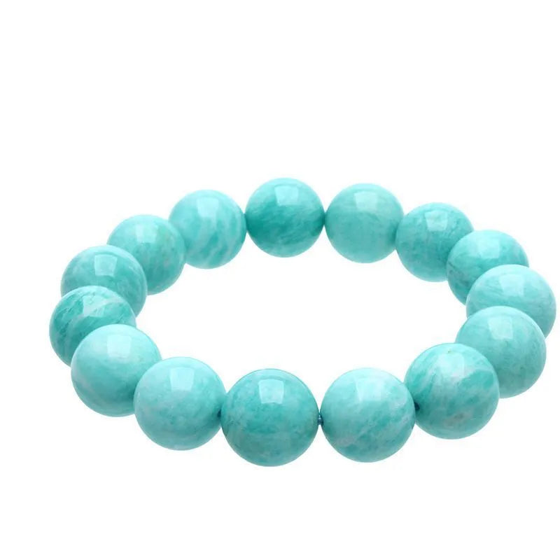 Amazonite gemstone bracelet with polished blue-green beads, shown in 8mm, 9mm, and 10mm size options.