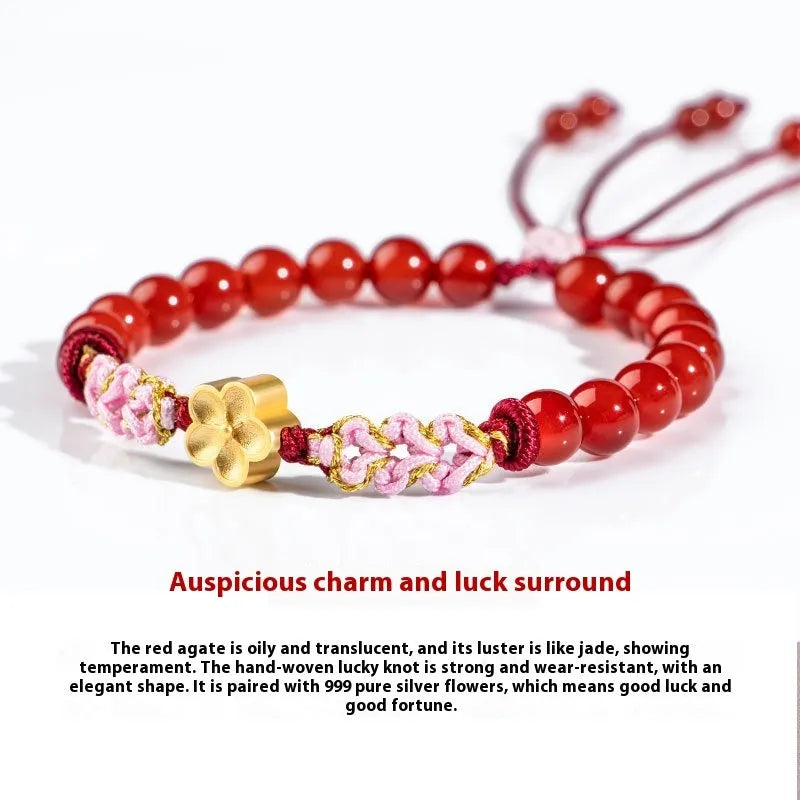Chinese style peach blossom bracelet with hand-woven red rope strap and crystal centrepiece