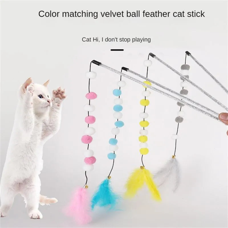 31cm cat teaser rod with colourful pompons and feathers on lightweight stick