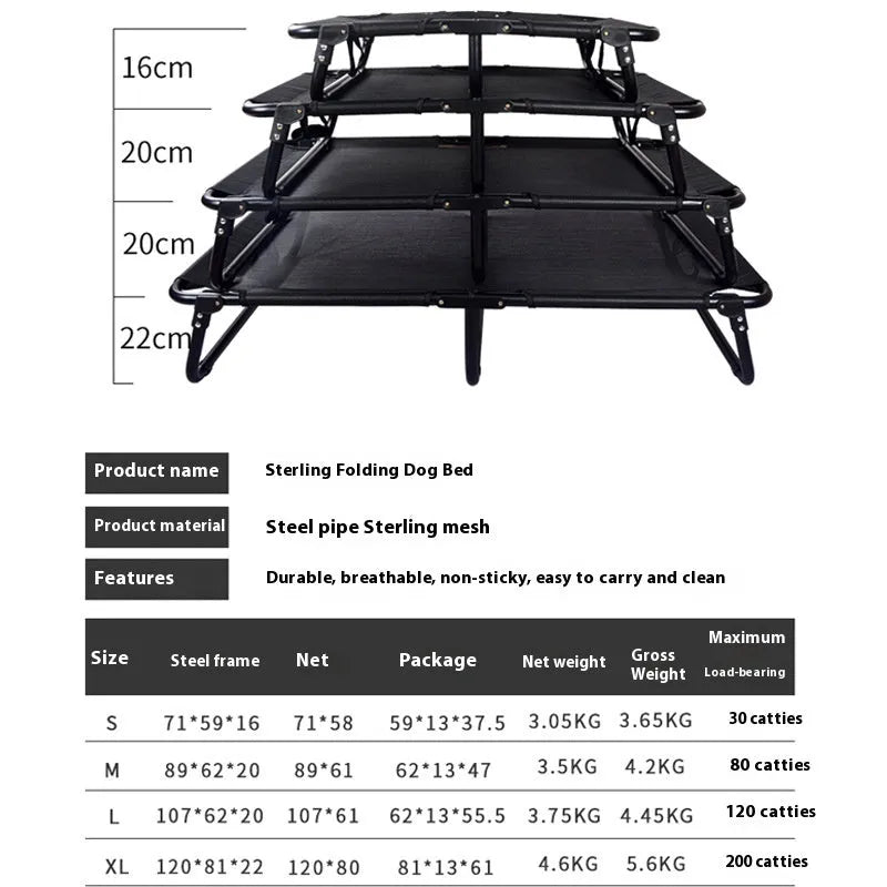 Folding dog camp bed with iron frame, mesh layer, and mattress in multiple sizes