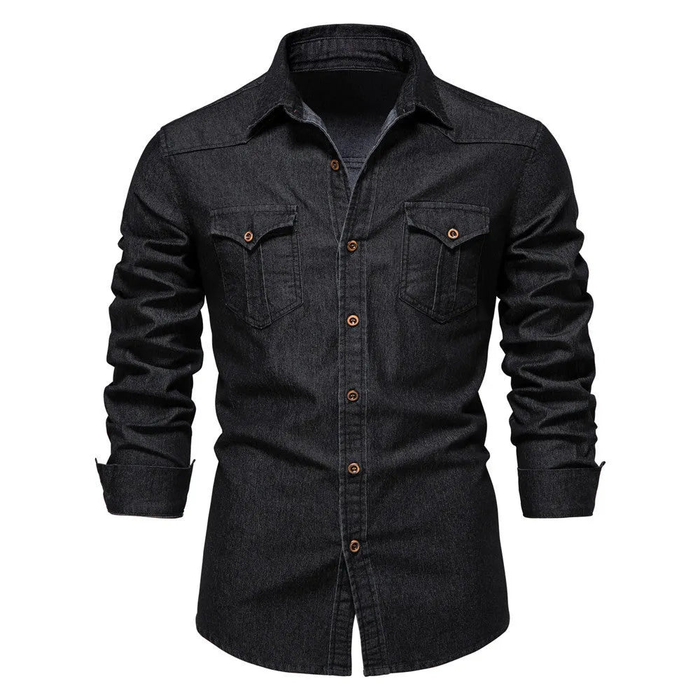 Men's slim fit cotton denim shirt in solid colour with long sleeves and button front