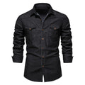 Men's slim fit cotton denim shirt in solid colour with long sleeves and button front