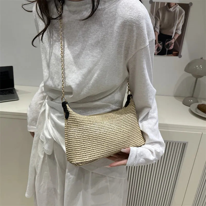 Straw woven beach shoulder tote bag in horizontal square shape with sandwich pocket design