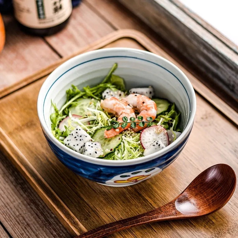 Round ceramic noodle bowl with underglaze hand-painted pattern, 6-inch or 7-inch, Japanese-style tableware