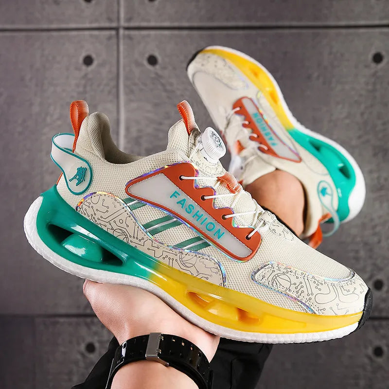 Men's low-top mesh sports shoes in beige orange with an elastic band and a flat Popcorn TPU sole.