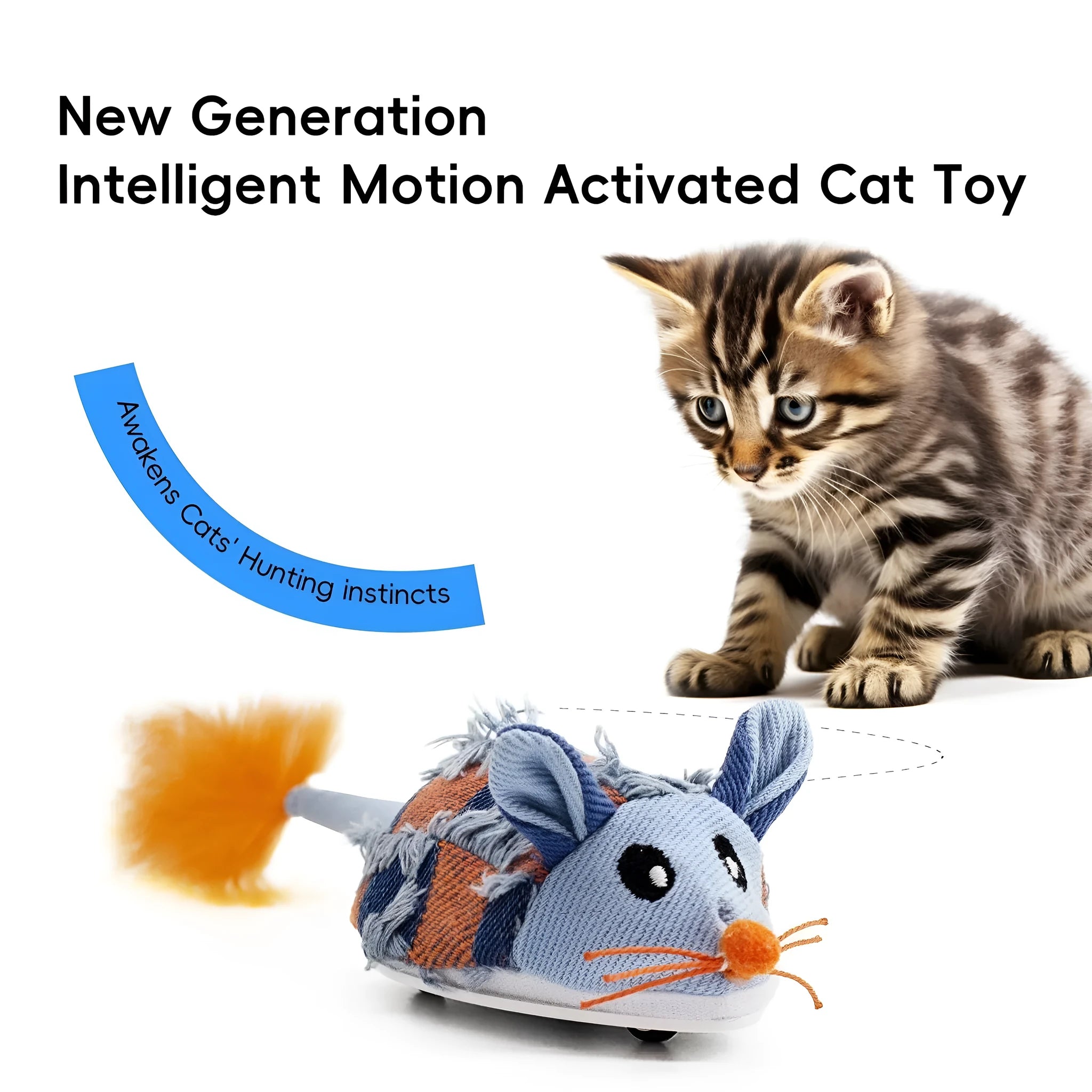 Blue electronic moving mouse cat toy with feather tail on a floor, showing scale.