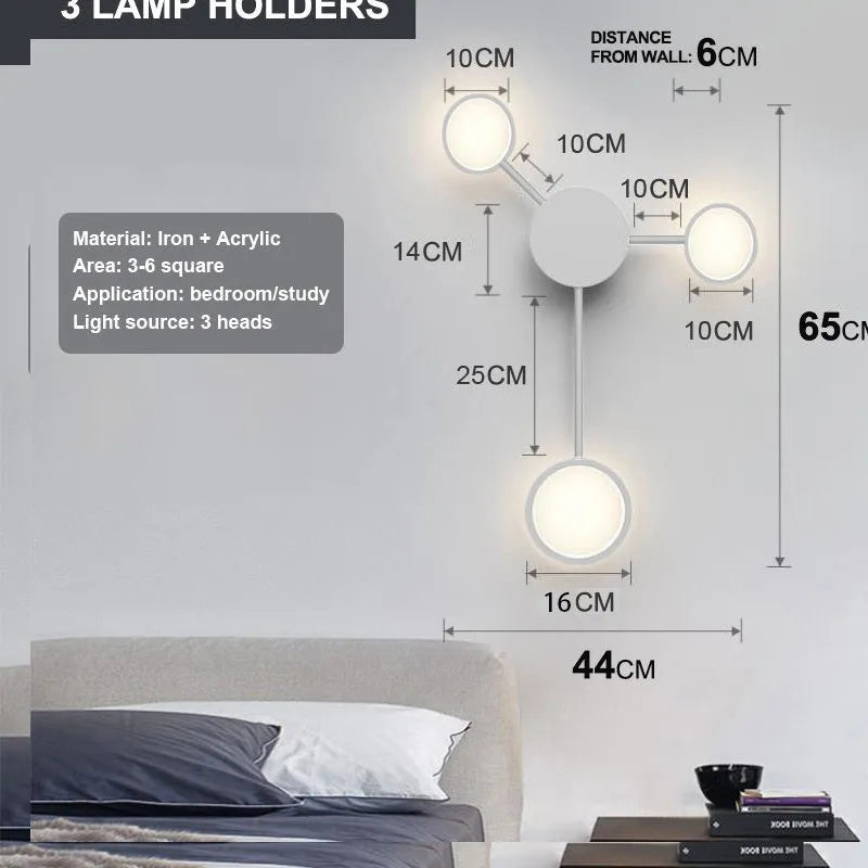 Designer wall lamp for bedroom, 96.5cm wide, iron and acrylic, 6 heads, black finish