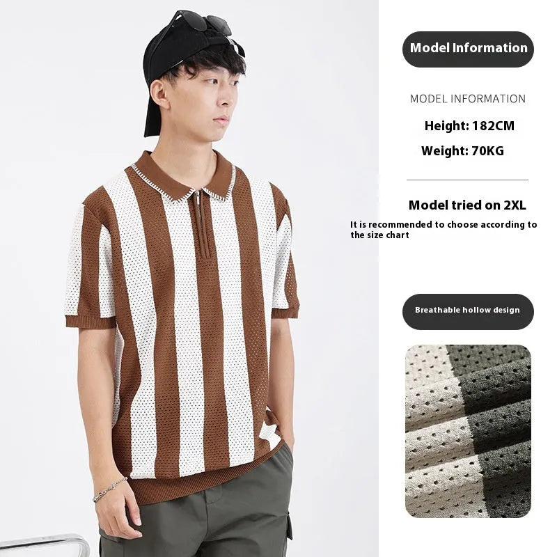Man modelling a black and white striped short sleeve ice silk sweater with a silver zip detail on the front.