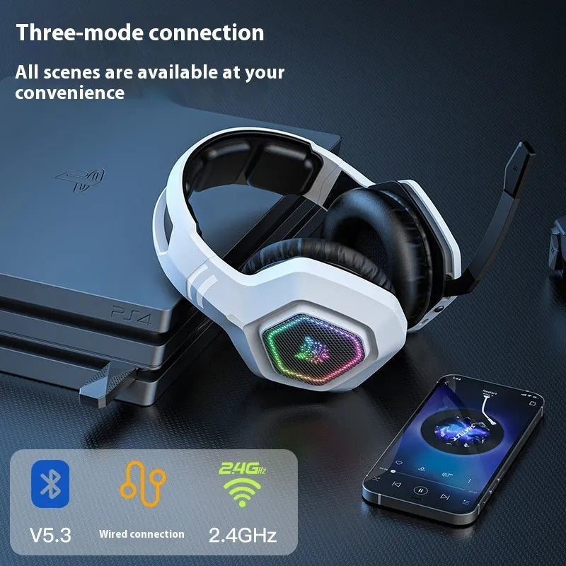 Black and white wireless gaming headset with RGB lighting, showing lightweight 24g design