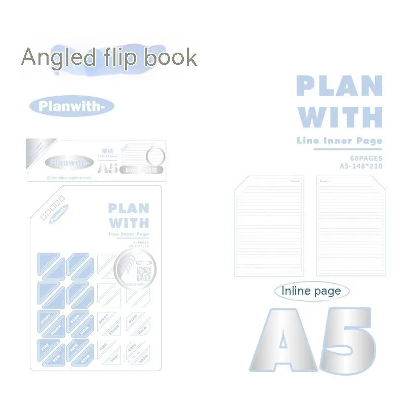 A5 horizontal softcover notebook with plain pages, shown in white and plaid blue cover options.