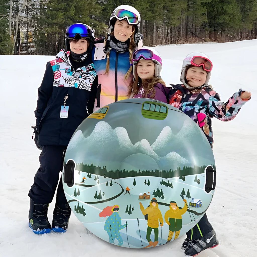 Outdoor PVC skiing ring toy in three colour variations: snow mountain, ice-snow blue, and flame red designs