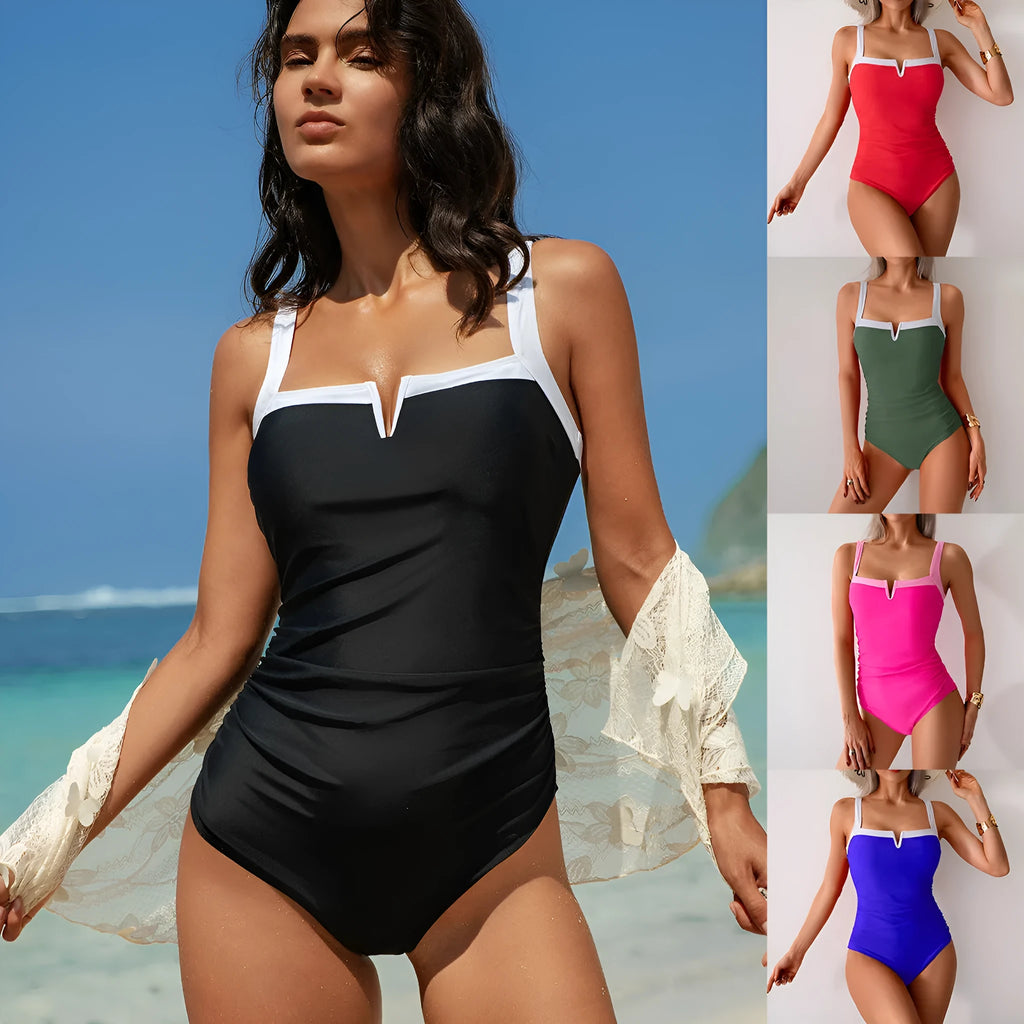 Women's nylon one-piece swimsuit in black and white, sleeveless, with sizes S to XXL