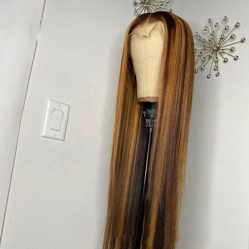 Piano colour real human hair T-shaped headgear with long hair strands on a plain background