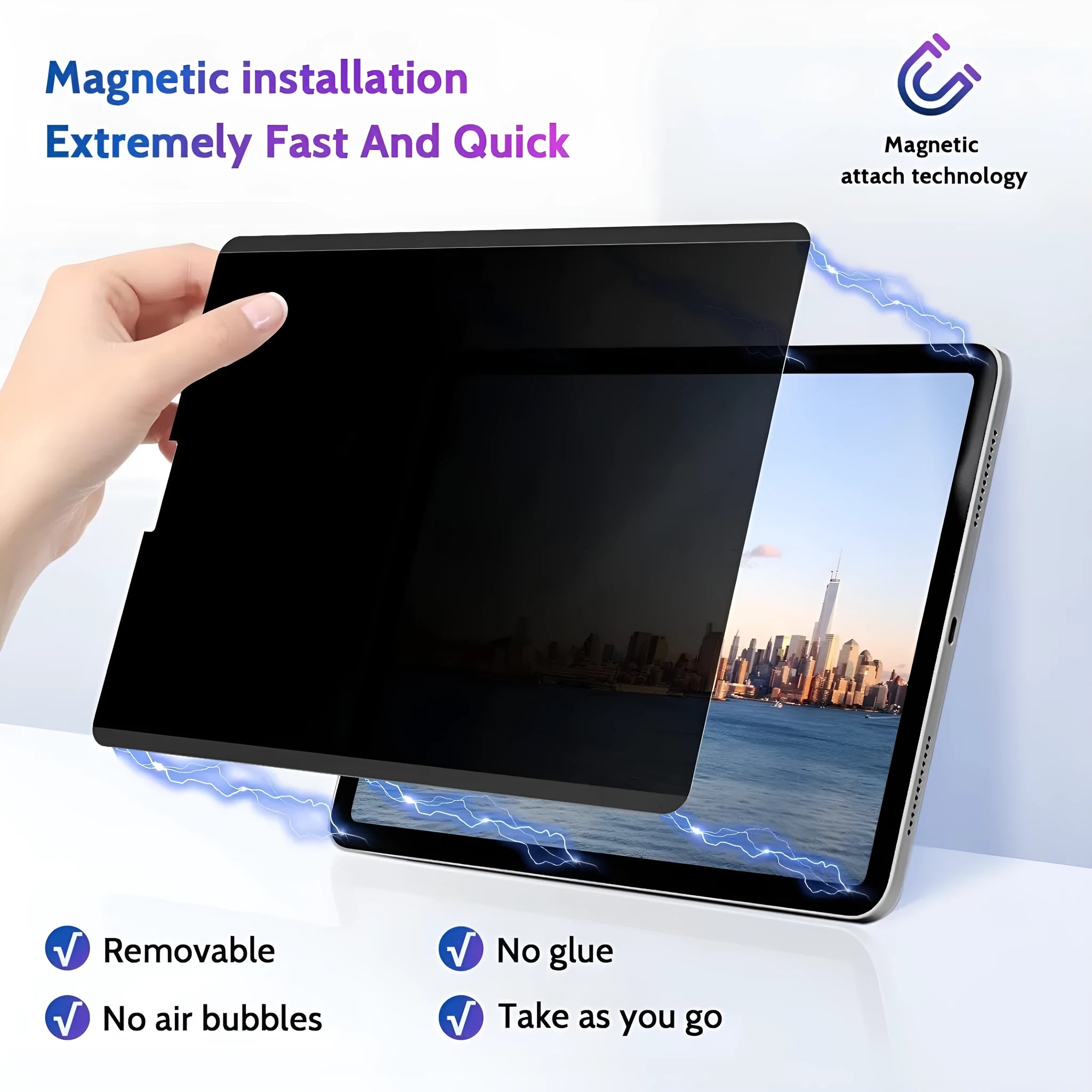 Magnetic anti peeping privacy film and storage clip for iPad on a tablet screen