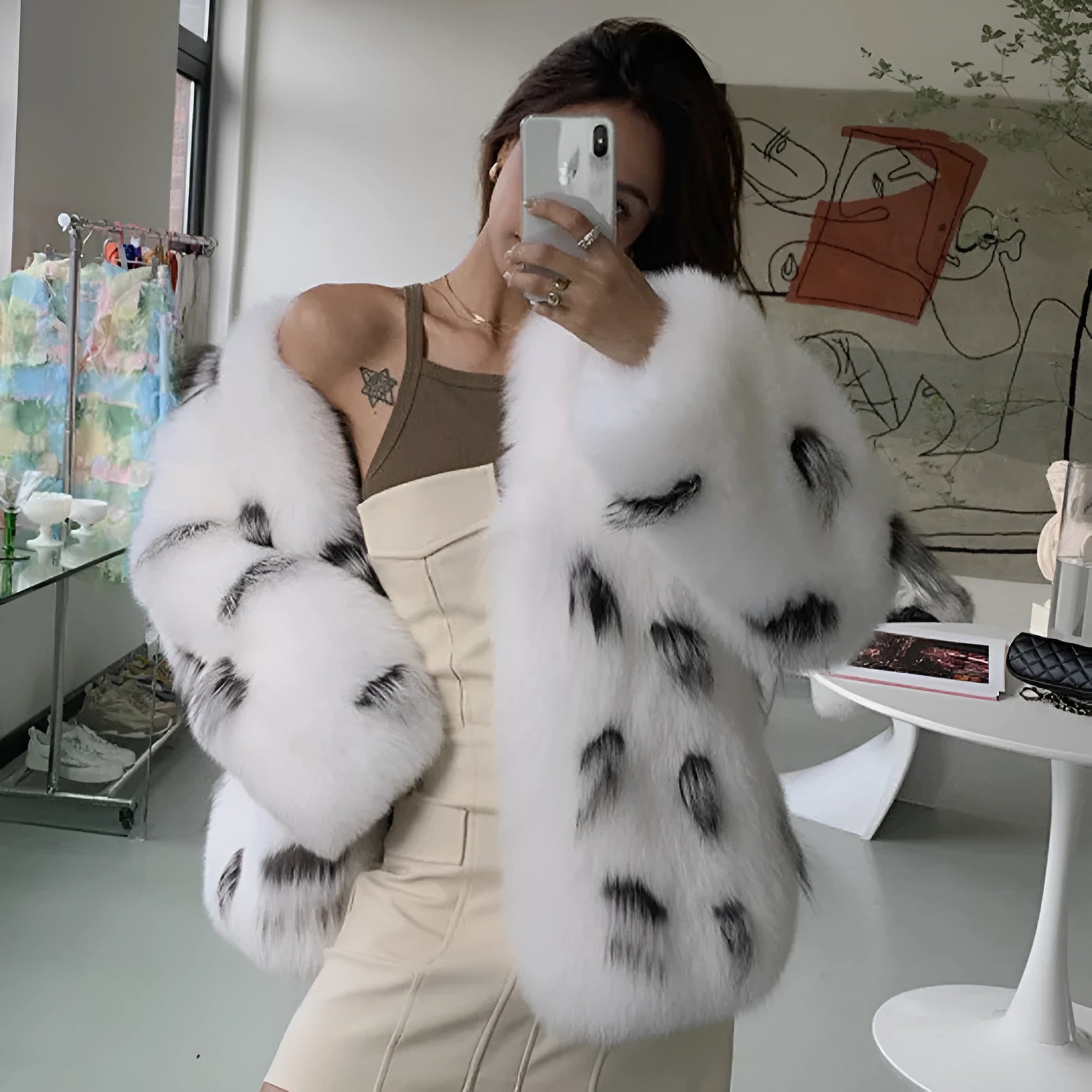 Women's black and white raccoon pattern faux fur coat in a Korean slim fit.
