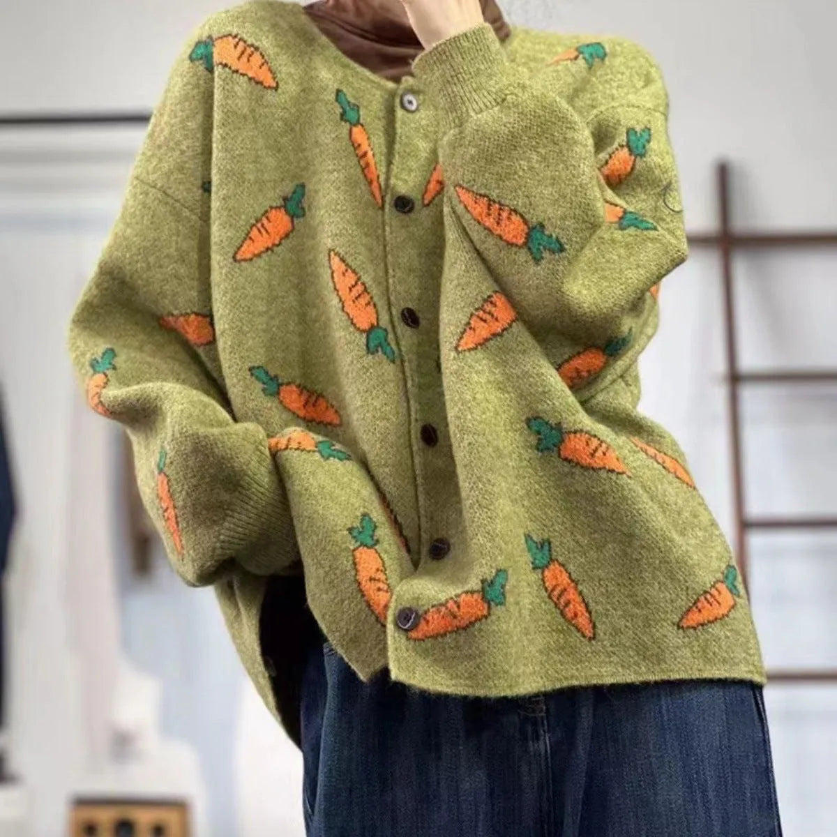 Loose round neck cardigan with Mori artistic colour contrast print, shown in viscose fabric.