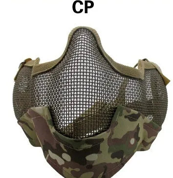 Carbon steel face protection mask in a head-mounted design on a mannequin head.