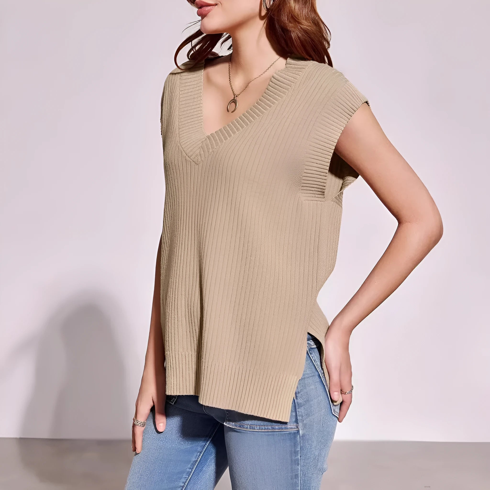 Women's camel-coloured V-neck sleeveless pullover vest with loose fit on hanger