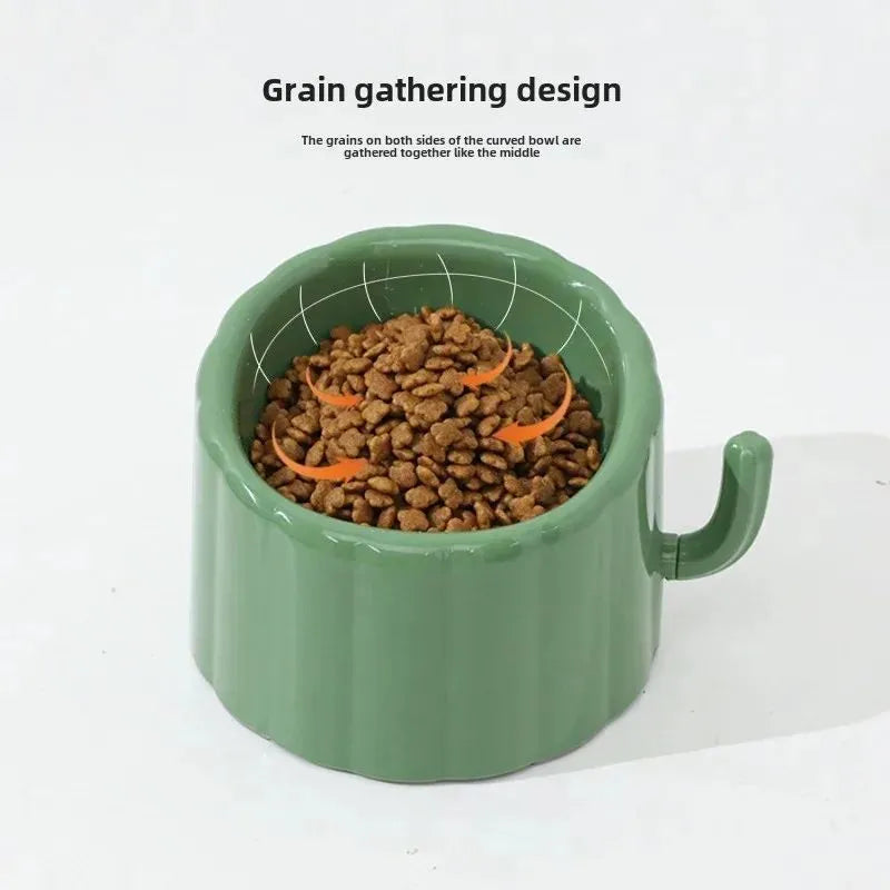 Green high-stand cat bowl with cactus design and a large opening.
